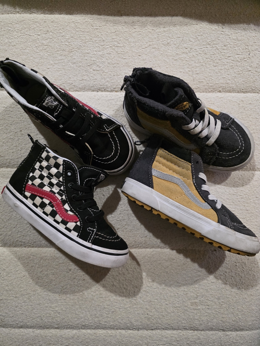 2 Pairs Vans Kids Yellow And Grey Suede And Black White Red Checker Skate Shoes